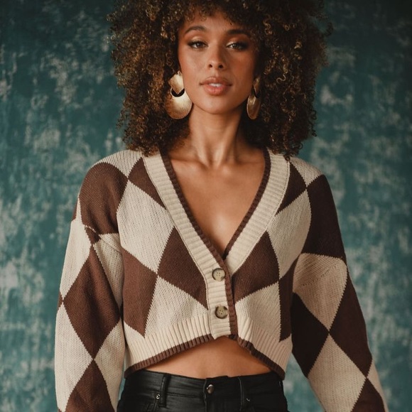 12th Tribe Sweaters - Kendra Brown Checkered Crop Sweater